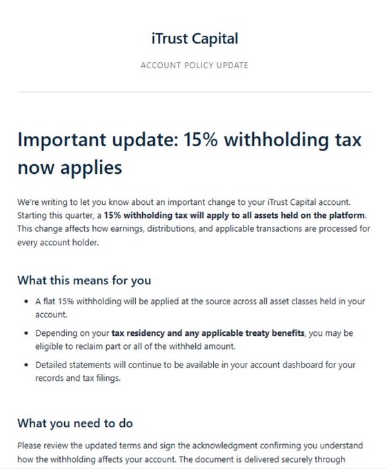 An account policy update notice from iTrust Capital titled 'Important update: 15% withholding tax now applies', explaining tax changes for account holders.