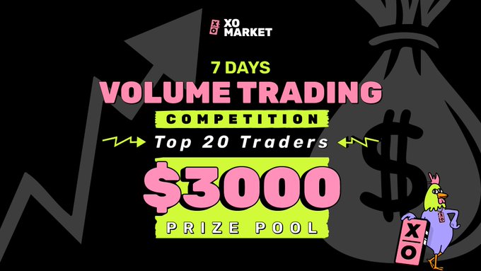 A promotional banner for XO Market announcing a '7 DAYS VOLUME TRADING COMPETITION' for 'Top 20 Traders' with a '$3000 PRIZE POOL', featuring a cartoon bird mascot holding a sign.