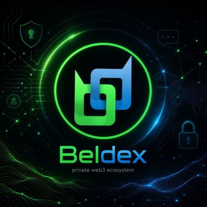 A Beldex promotional graphic featuring a green and blue logo with the tagline 'Beldex - private web3 ecosystem' on a dark background with circuit-like patterns.