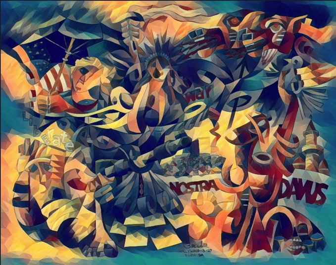 A vibrant, cubist-style painting featuring fragmented figures, an American flag, and bold text including "WAR," "FATE," "NOSTRA," and "DAMUS," signed "Sorcerio 2017" at the bottom—being considered as a loaned art piece to Chateau des Etoyeres for display alongside @longstreetBTC.