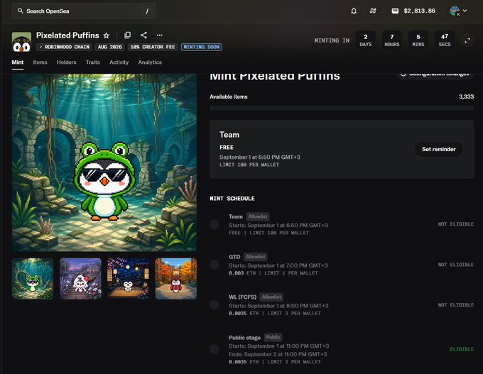 An OpenSea NFT minting page for "Pixelated Puffins" showing a mint countdown and schedule with various pricing tiers.