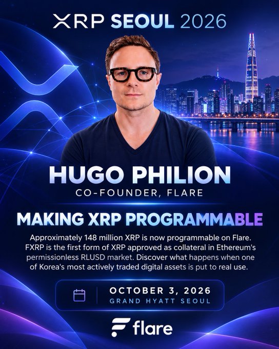 Promotional poster for XRP Seoul 2026 featuring Hugo Philion, Co-Founder of Flare, speaking on 'Making XRP Programmable' on October 3, 2026 at Grand Hyatt Seoul.