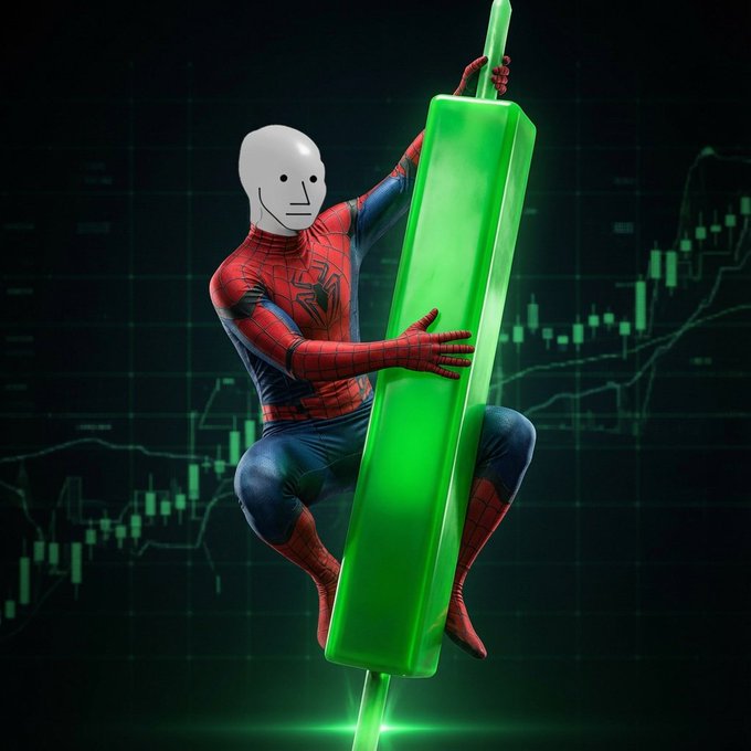 A digital art image of Spider-Man wearing a blank white mask while clinging to a glowing green 3D candlestick bar, set against a background of financial trading charts.