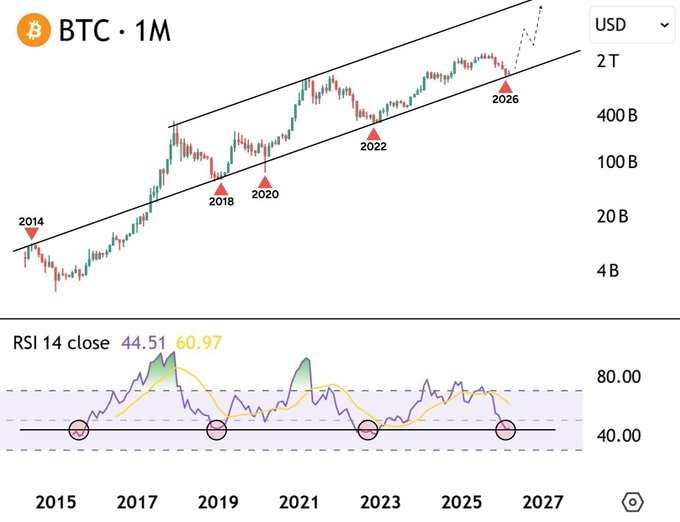 A Bitcoin (BTC) 1-month trading chart from 2014 to 2026 in USD, showing a rising channel pattern, an RSI indicator with a value of 44.51, and red triangle markers at the years 2014, 2018, 2020, 2022, and 2026.