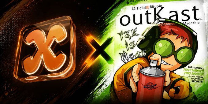 A promotional graphic showing the Monero (XMR) logo next to the 'Official Bitcoin outKast Magazine' cover featuring a character with green goggles holding a spray can, with text mentioning 'CRACKED TONY HAWK', 'PRO SKATER', and 'SECRETS'.