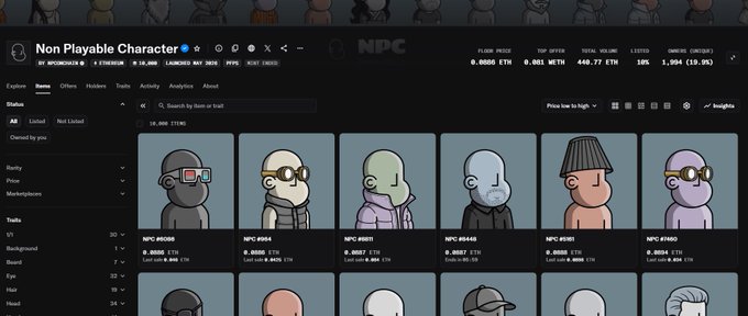 The image shows a website with a grid of cartoon characters, each wearing sunglasses and hats. The text "Non Playable Character" is displayed at the top of the page, indicating that these characters are not interactive or playable. The website also has a section for selling these characters, which suggests that they might be used as merchandise or collectibles. The post emphasizes the importance of timing in sales, stating that players should wait until they have sold all their characters before moving on to the next one.