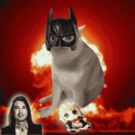 A humorous edited image features a cat wearing a Batman mask against an explosion background, with Steve Jobs' face in the bottom left and a small soccer ball character.