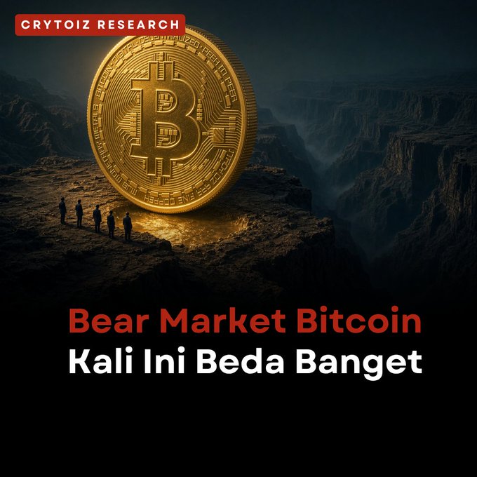 A golden Bitcoin coin on a cliff with the text 'CRYTOIZ RESEARCH', 'Bear Market Bitcoin', and 'Kali Ini Beda Banget'.