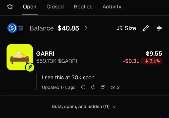 A crypto trading interface shows an open position for $GARRI (GARRI token) with a current price of $9.55, down 3.1% (-$0.31), while a post comment displays the bullish sentiment "I see this at 30k soon" despite the user's $10 investment asking for the token to reach a 100k market cap.