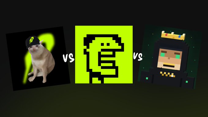 A cat wearing a green cap with a dollar sign faces off in a "VS" showdown against a pixelated green "S" character and a crowned pixel king, with "vs" text separating the three matchups—visually representing a competition between the three crypto projects (@cashcatss, @OnChainHoodies, and @StackersXYZ) teased in the post.