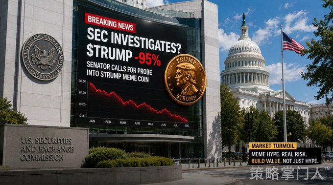 A news graphic showing the U.S. Securities and Exchange Commission building and Capitol with the headline "SEC INVESTIGATES $TRUMP -95% SENATOR CALLS FOR PROBE INTO TRUMP MEME COIN" alongside a chart of the meme coin's decline.