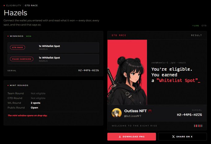 A digital interface titled 'Hazels' displaying GTD Race eligibility status, showing winnings of 1x Whitelist Spot, mint round statuses, and a result reading 'You're eligible. You earned a "Whitelist Spot"' for the Outisss NFT project.