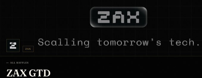 A black promotional graphic featuring the "ZAX" logo and tagline "Scalling tomorrow's tech." alongside the heading "ZAX GTD" and a "← ALL RAFFLES" link, tying into the announcement of live giveaways on the Icons Art site for eligible Discord members.