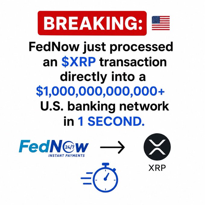 A "BREAKING:" news-style graphic claims that FedNow processed an "$XRP" transaction directly into a "$1,000,000,000,000+" U.S. banking network in "1 SECOND," with icons showing FedNow's Instant Payments flowing into an XRP logo. The image amplifies the post's speculation about Ripple's connection to FedNow via ClearConnect, visually emphasizing the idea of near-instant trillion-dollar XRP transfers through U.S. banking rails.