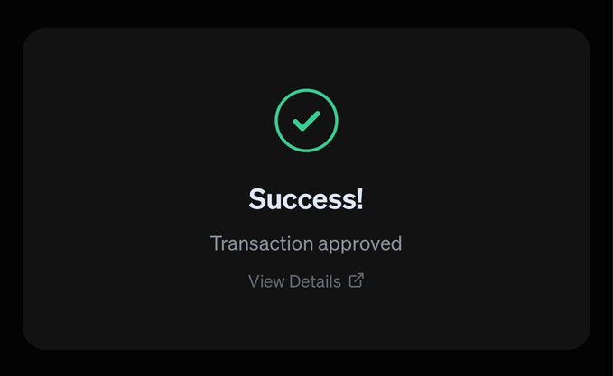A dark confirmation screen displays a green checkmark icon with the text "Success! Transaction approved" and a "View Details" link, visually reinforcing the post's claim of a successful decentralized exchange (DEX) transaction for the $CUDA token.