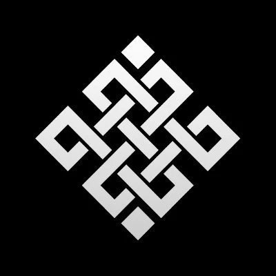 A white geometric logo resembling an endless knot or Celtic design on a solid black background.