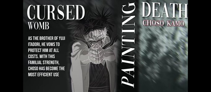 A promotional graphic titled 'CURSED WOMB PAINTING' and 'DEATH CHOSO KAMO' featuring an anime character with spiky hair, with text describing Choso as the brother of Yuji Itadori.