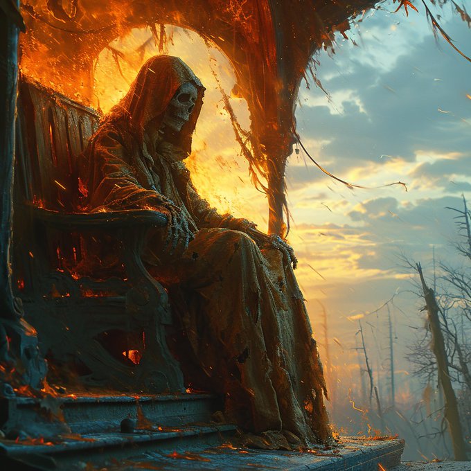 A dark fantasy illustration shows a hooded skeletal figure sitting on an ornate throne engulfed in flames, set against a moody, smoke-filled sky.