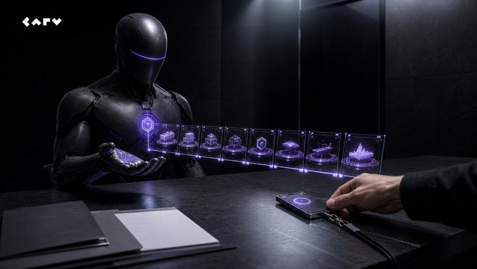 A sleek humanoid robot with a glowing purple visor presents a holographic array of cryptographic receipts to a human interviewer across a dark table, with the "CARV" logo visible in the corner—visually embodying the post's vision of AI agents proving their work history through verifiable on-chain records rather than traditional credentials.