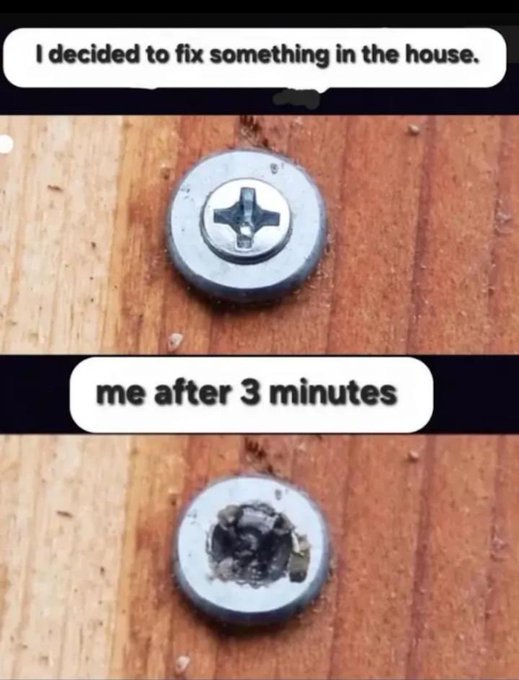 A two-panel meme showing a Phillips-head screw in wood, with the top text reading "I decided to fix something in the house." and the bottom showing the screw head completely stripped and damaged, labeled "me after 3 minutes."