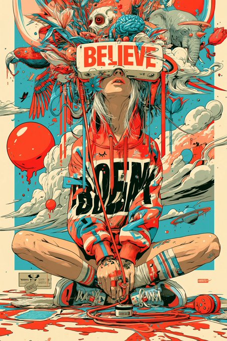 A stylized poster art featuring a person wearing a VR headset displaying the word 'BELIEVE', wearing an orange hoodie with 'DREAM' text, surrounded by surreal elements including elephants, birds, and clouds.