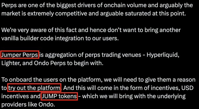 The image shows a text excerpt discussing "Jumper Perps," described as an aggregation of perpetual futures trading venues including Hyperliquid, Lighter, and Ondo Perps. Key terms highlighted in red boxes include "Jumper Perps," "try out the platform," and "JUMP tokens," which align with the post's mention of a $JUMP airdrop for using Jumper Perps and an ICO tied to JUMP tokens.