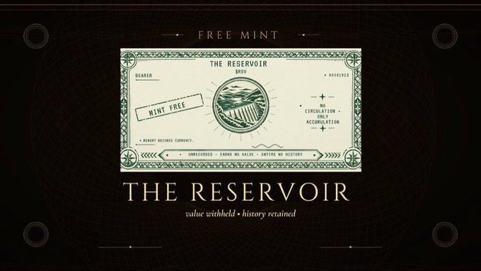 A vintage-style certificate titled 'THE RESERVOIR $RESV' marked 'FREE MINT' and 'MINT FREE', featuring a central dam illustration with the tagline 'value withheld · history retained'.