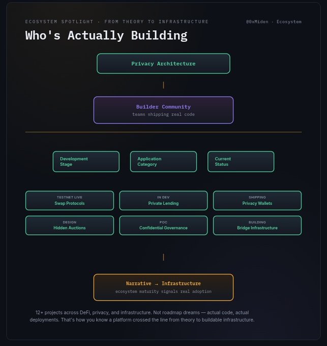 An infographic titled "Who's Actually Building" highlighting 12+ projects in the @0xMiden ecosystem, categorized by development stage (Testnet Live: Swap Protocols; In Dev: Private Lending; Shipping: Privacy Wallets; Design: Hidden Auctions; POC: Confidential Governance; Building: Bridge Infrastructure) to illustrate ecosystem maturity beyond theory. The visual reinforces the post's point by concretely listing the teams shipping real code across DeFi, privacy, and infrastructure.