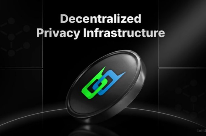 The image displays "Decentralized Privacy Infrastructure" text above a circular emblem featuring Beldex's green and blue stylized "d" logo on a dark background. It visually reinforces the accompanying post's message about Beldex's all-in-one privacy ecosystem by highlighting the brand's tagline alongside its distinctive coin-like logo.