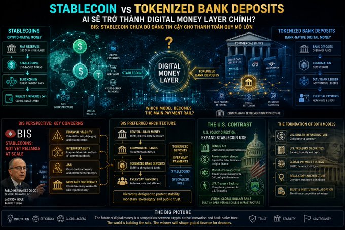 An infographic comparing 'STABLECOIN vs TOKENIZED BANK DEPOSITS' discussing digital money layers, with sections on BIS perspective, BIS preferred architecture, the U.S. direction, and foundations of both models.