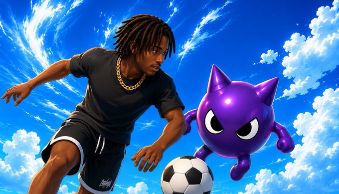 An anime-style illustration shows a determined man with dreadlocks in a black athletic outfit intensely dribbling a soccer ball against a purple cat-like creature under a vibrant blue sky. The dynamic, competitive scene captures the playful, high-energy "ready to win" spirit of the post celebrating @TheGodPull's upcoming mint.