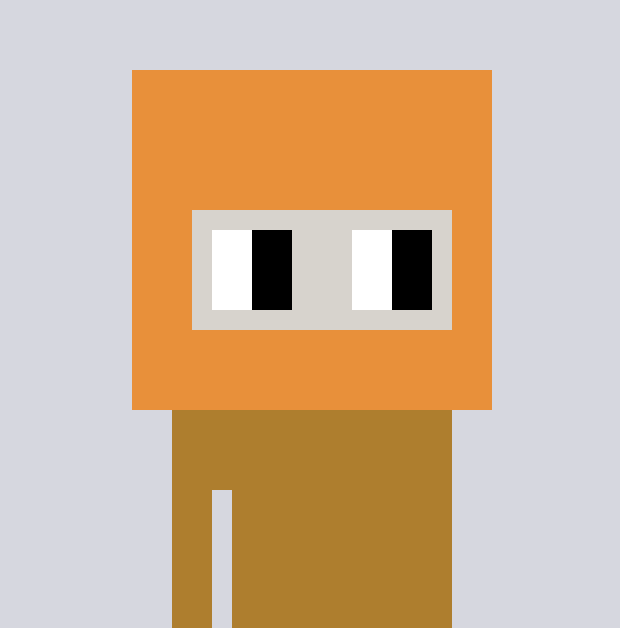 A pixel-art style orange and brown character with large rectangular black and white eyes set against a plain gray background.