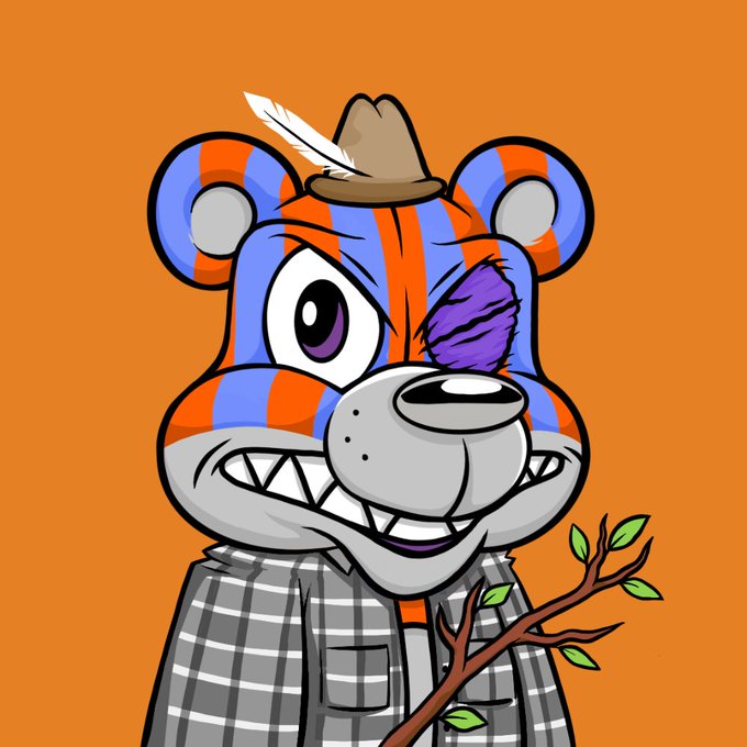 A cartoon bear with blue and orange stripes, an eyepatch, and a small feathered hat grins while holding a leafy branch, posted with a cheerful "Happy Wednesday legends" and a "Gm" greeting to engage the community.