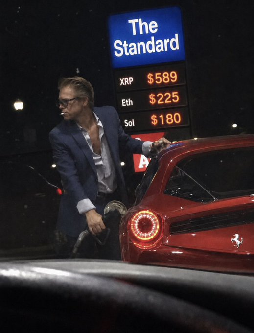 The image shows a man standing next to his red car, which has a gas pump attached to its side. He appears to be filling up his car with gas while smoking a cigarette. The background of the photo features a blue sign that reads "The Standard" and displays prices for gas at $2.59 and $2.89 per gallon.