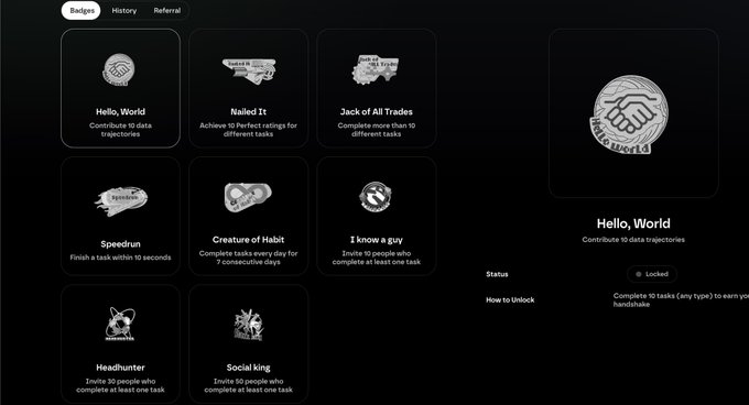 A screenshot of a Badges page on the Axis Robotics platform showing achievement badges like "Hello, World," "Nailed It," "Jack of All Trades," "Speedrun," and "Creature of Habit," with the "Hello, World" badge selected and marked as Locked. The image relates to the post by highlighting the Axis Robotics hub's gamified task system, complementing the mention of their $12 million investment and integration with PrismaX.