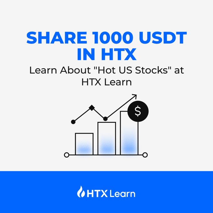 A promotional graphic for HTX Learn announcing a chance to "SHARE 1000 USDT IN HTX" by learning about "Hot US Stocks" at HTX Learn, featuring a bar chart with an upward arrow and dollar sign icon. The image visually reinforces the post's call to action to participate in the Learn & Earn quiz challenge for a $1,000 USDT prize pool.