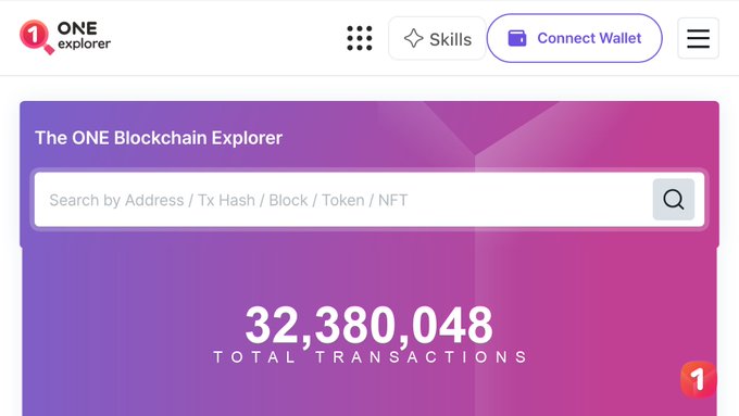 Screenshot of the ONE Blockchain Explorer homepage showing a search bar and a large counter displaying "32,380,048 TOTAL TRANSACTIONS."