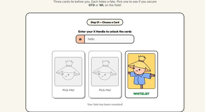 The image shows a computer screen displaying three cards with different scenarios written on them, along with instructions for choosing one of the options. The first card has a picture of a scarecrow and says "One choice could earn you a spot among the 10,000 Scare Crows." The second card features a picture of a person wearing a blue shirt and yellow hat and says "Enter your X-HAND lock code to enter your X-HAND lock code. Hello! Enter your X-HAND lock code. Hello!" The third card has a picture of a person in a white hat with the words "Whatslist" written on it, and it instructs users to choose one of the three cards that best matches their chosen answer.