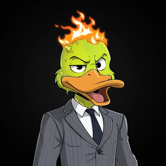 A cartoon duck with a fiery green head and an angry expression wears a gray pinstripe suit and tie against a black background, embodying the "Grumpy Duck" meme referenced in the post about crypto grinding.
