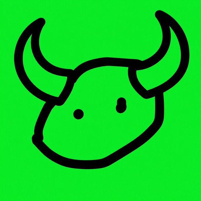 A simple black-line drawing of a horned, smiling face logo on a bright green background.