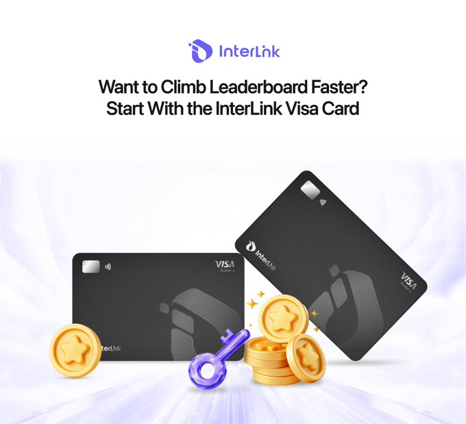 The image features a poster for an event called "Interlink Active Bounty Season" that takes place at the end of the year, specifically around the FIFA World Cup. The poster includes two black credit cards with gold stars on them, along with some coins and a key. The text in the image encourages people to join the event by using these cards or sharing their participation on social media platforms.