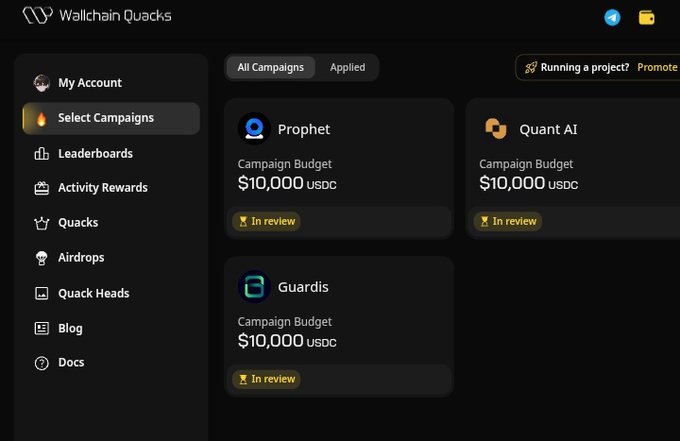 The image shows a computer screen displaying a page from a website called Wallchain Quacks, which features information about campaigns and their creators. The main focus of the image is an advertisement for a campaign named "Guardis" that has been recently launched on Wallchain. The creator of this campaign is Quattro AI, and it costs $10,000 US dollars to run. The website also offers various other campaigns with different creators and budgets, providing users with options to choose from based on their interests or project requirements.