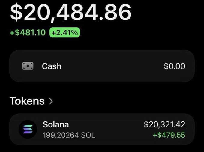A cryptocurrency portfolio screenshot showing a total balance of $20,484.86 (+$481.10, +2.41%) with 199.20264 SOL tokens valued at $20,321.42.