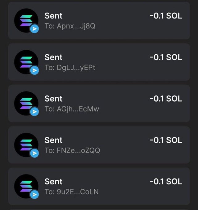 The image shows a list of 5 transactions on what appears to be Solana (SOL), each labeled "Sent" with "-0.1 SOL" deducted to various wallet addresses (Apnx...Jj8Q, DgLJ...yEPt, AGJh...EcMw, FNZe...oZQQ, and 9u2E...CoLN). This serves as visual proof supporting the post's claim of sending 0.1 SOL each to multiple users, demonstrating the poster is fulfilling their promise to pay Reply guys.