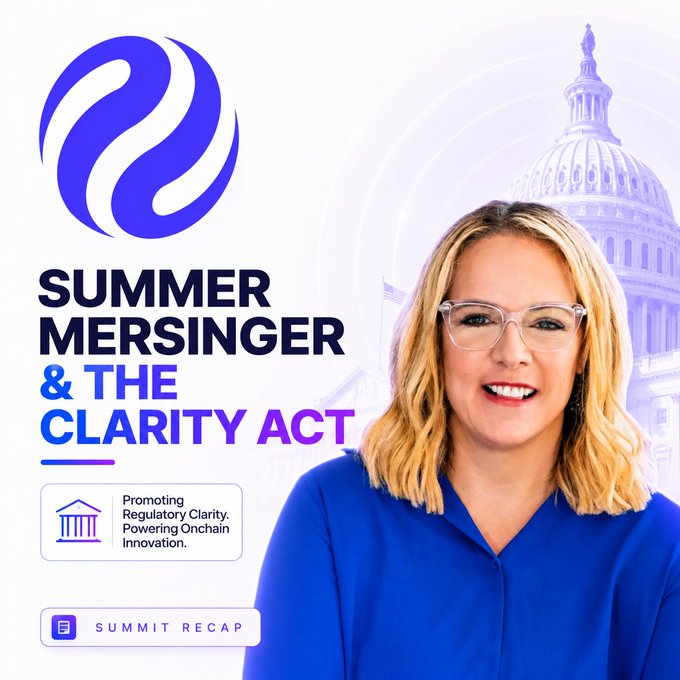 A promotional graphic featuring Summer Mersinger alongside a Capitol building backdrop, advertising 'Summer Mersinger & The Clarity Act' with the tagline 'Promoting Regulatory Clarity, Powering Onchain Innovation.'