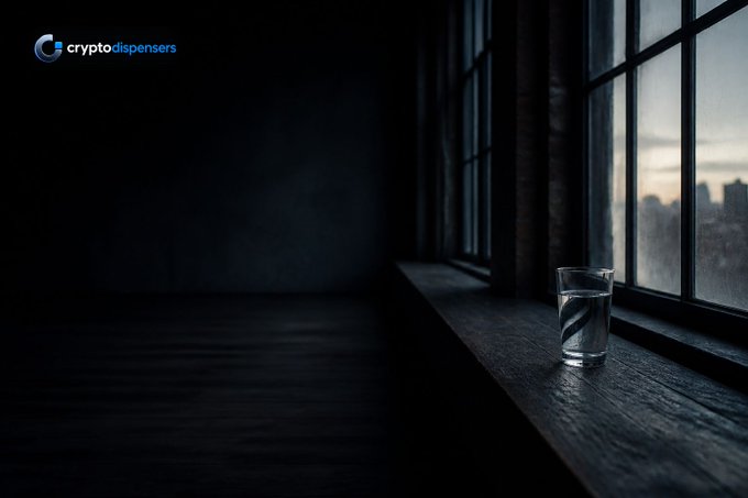A dimly lit room with a window showing a cityscape at dusk; a glass of water sits on the wooden windowsill, and a 'cryptodispensers' logo appears in the top left corner.