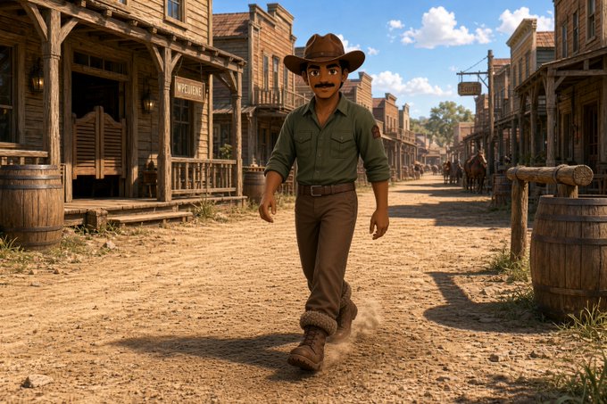A 3D animated cowboy character wearing a green shirt and brown hat walking down a dusty Wild West town street with wooden buildings and barrels.