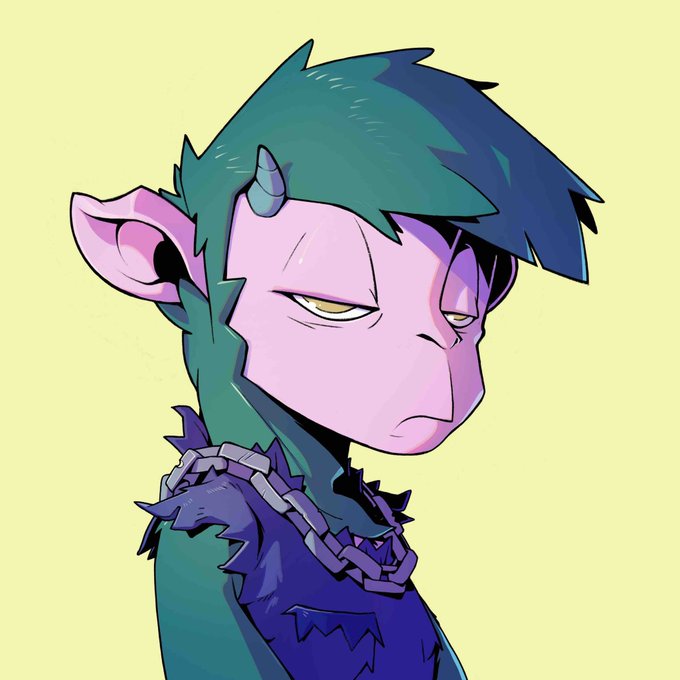 Digital illustration of a purple-skinned character with green hair, pointed ears, a small horn, and a chain necklace against a pale yellow background.