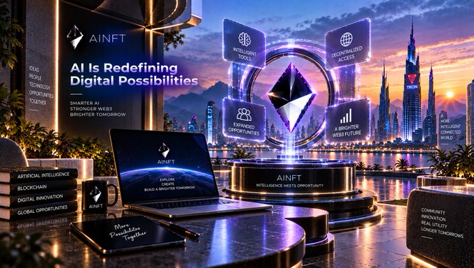 A promotional banner for AINFT with the tagline 'AI Is Redefining Digital Possibilities' showing a laptop, smartphone, and an Ethereum logo on a pedestal against a cityscape background, highlighting features like Intelligent Tools, Decentralized Access, and Expanded Opportunities.