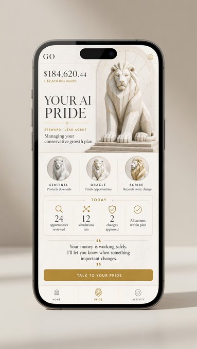 The image shows a smartphone displaying a financial app called "GO" with a portfolio value of $184,620.44 and the headline "YOUR AI PRIDE," featuring a marble lion statue alongside three AI agent personas—Sentinel, Oracle, and Scribe—with metrics showing 24 opportunities reviewed, 12 simulations run, and 2 changes approved, along with a "TALK TO YOUR PRIDE" button.

The image visually brings the post's concept to life by showcasing the "AI Lion Agents" through the app interface, where the lion motif represents the pride of trading agents managing conservative growth plans, reinforcing the message of voice-activated, automated wealth management.